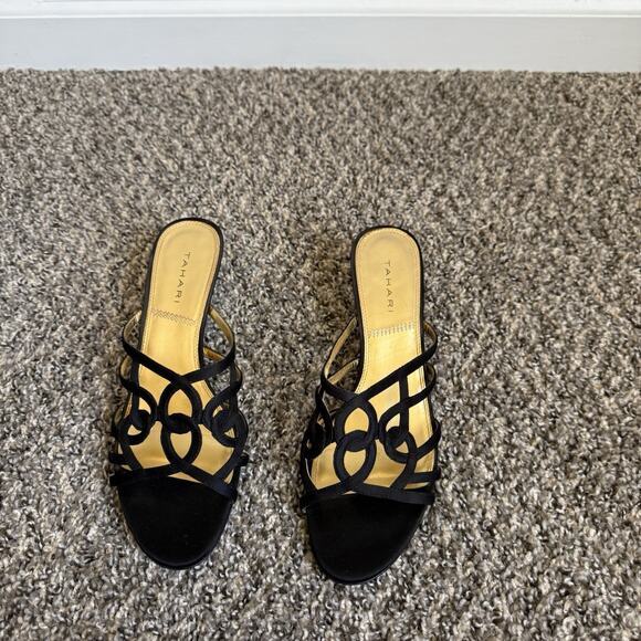 VTG Tahari Kitten Heel Strappy Sandals Womens 9.5 M Black Satin 90s Y2K Slip On - Picture 8 of 9